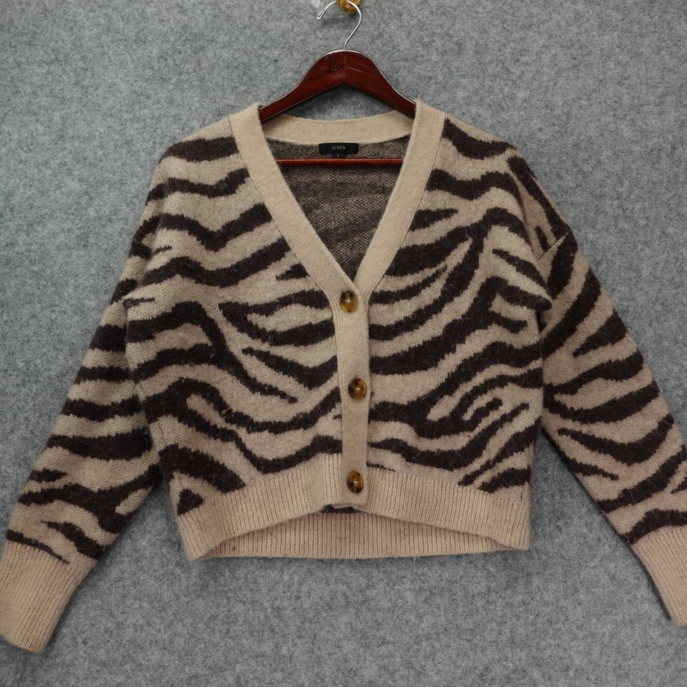Zebra Alpaca Wool Crop Cardigan Womens L Brown Ribbed V Neck Indie Sleaze J Crew